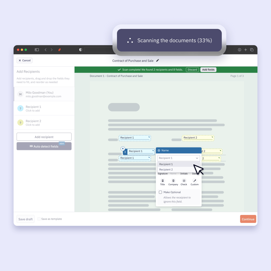 Sign product user clicks on auto detect fields process
